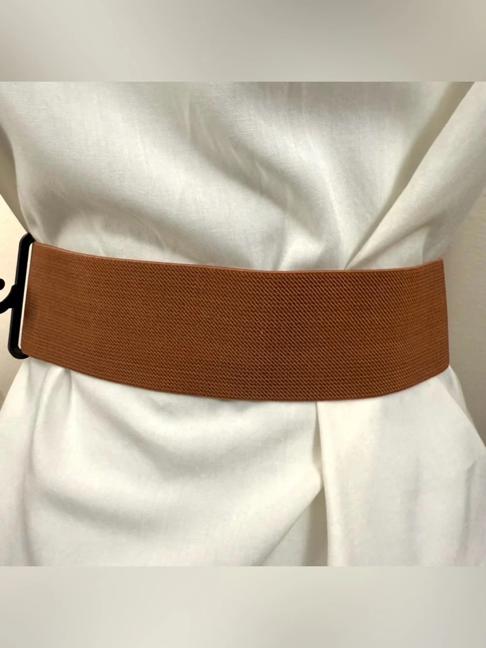 Brown elastic waistband belt with gold tone butterfly buckle